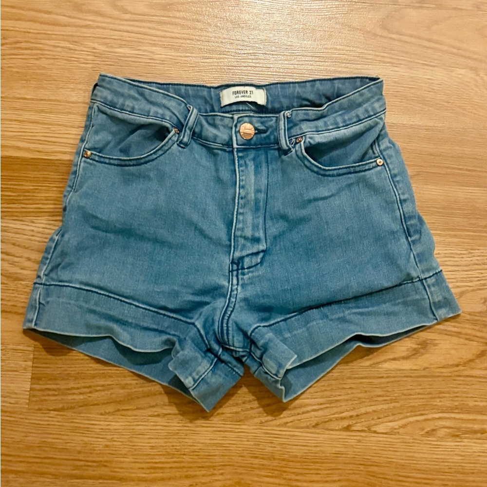 Forever 21 Light Blue Denim Cuffed Hem High Rise Stretchy Jean Shorts Size 24